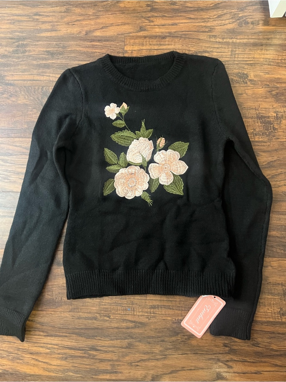 SHEIN Black Crewneck Sweater with Peach Floral Embroidery